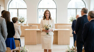 Une femme souriante en tailleur crème, tenant un bouquet de fleurs, se tient au centre d'une cérémonie de mariage civil lumineuse.