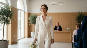 Mariée moderne en combinaison pantalon crème souriant, bouquet à la main, marchant dans une mairie lumineuse.