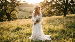 Femme en robe de mariée civile bohème blanche, portant une couronne de fleurs et un bouquet, posant dans un champ ensoleillé au coucher du soleil.