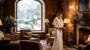 Mariée en robe longue et étole, dans un salon luxueux avec cheminée et vue sur un paysage hivernal enneigé.