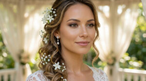 Portrait d'une mariée souriante aux cheveux bouclés ornés de fleurs blanches, maquillage naturel et boucles d'oreilles pendantes.