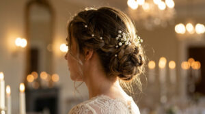 Gros plan sur une coiffure de mariée : chignon tressé orné de perles et de petites fleurs blanches. Lumières chaudes en arrière-plan.
