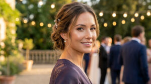 Portrait d'une femme souriante, coiffée d'un chignon bas orné de perles, maquillage naturel, à une soirée élégante en extérieur.
