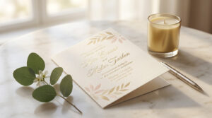 Un faire-part de mariage beige doré sur une table en marbre, avec une branche d'eucalyptus, une bougie et un stylo.