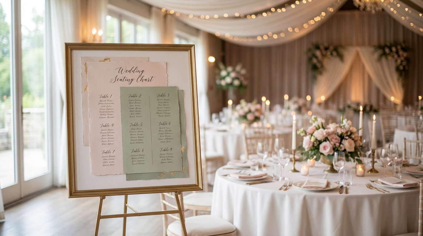 Tableau de placement de mariage sur chevalet doré dans une salle de réception décorée de fleurs, bougies et lumières.