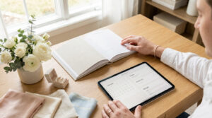 Personne planifiant son mariage avec une tablette (appli organisateur) et un carnet. Fleurs, bagues et tissus sur table.