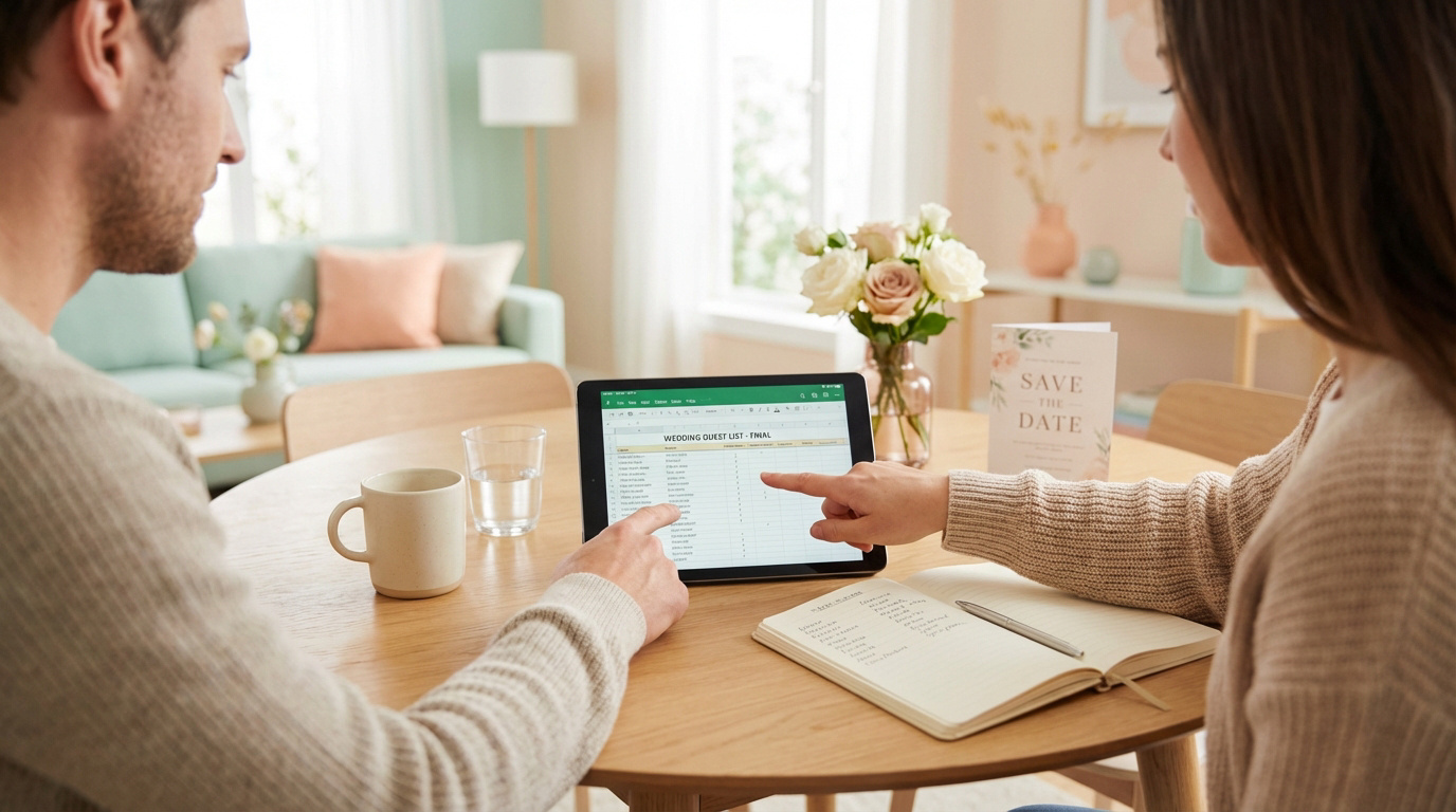Un couple utilise une tablette et un carnet pour planifier sa liste d'invités de mariage, avec des invitations "Save the Date" sur la table.
