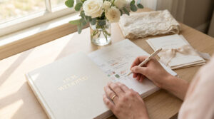 Mains écrivant sur un calendrier de mariage, près d'un livre "Our Wedding", de fleurs blanches et d'invitations.