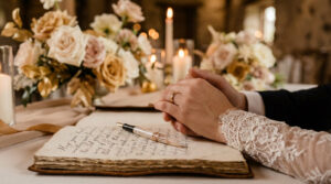 Mains d'un couple avec alliance, jointes sur un livre de vœux manuscrits et une plume. Fleurs et bougies créent une ambiance intime.
