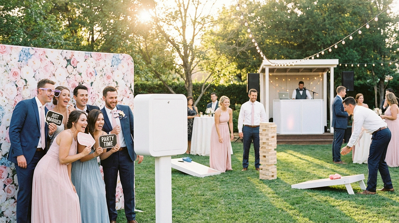 Invités de mariage riant au photomaton, jouant au cornhole et Jenga géant en plein air sous le soleil.