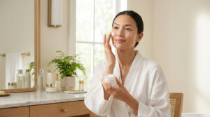 Femme asiatique en peignoir blanc appliquant de la crème hydratante sur son visage dans une salle de bain lumineuse.