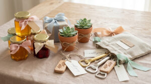 Collection de cadeaux d'invités de mariage : petits pots de miel, succulentes, ouvre-bouteilles et sachets en lin sur une table.