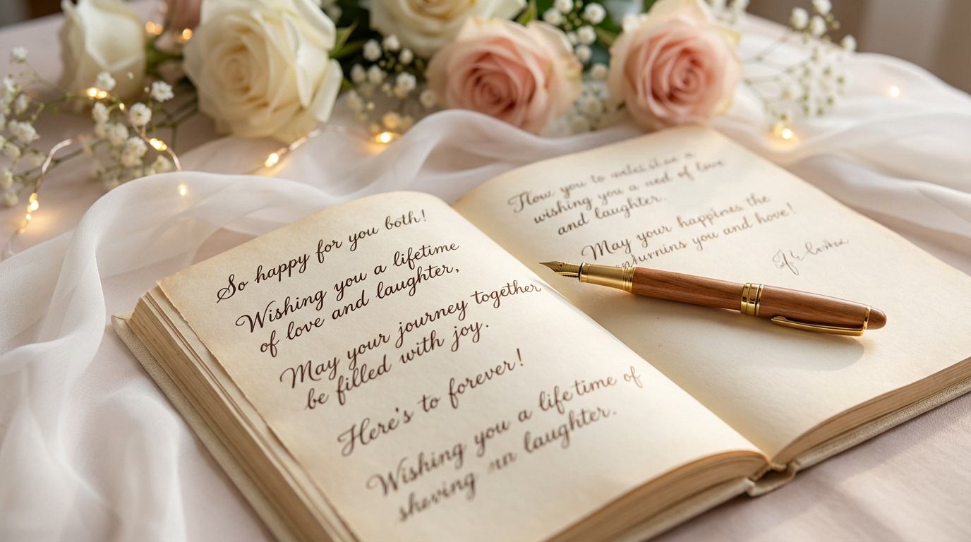 Livre d'or de mariage ouvert avec des vœux manuscrits, une plume, des roses poudrées et des lumières scintillantes.